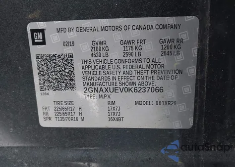 2019 Chevrolet Equinox Lt из США, поврежденный, VIN 2GNAXUEV0K6237066